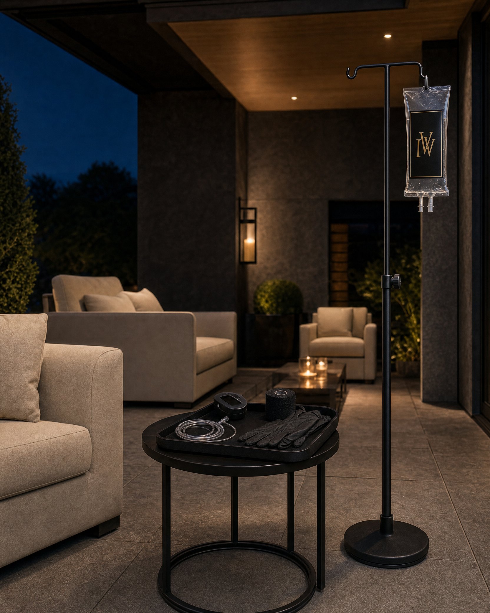 Private mobile IV therapy setup in a covered patio setting
