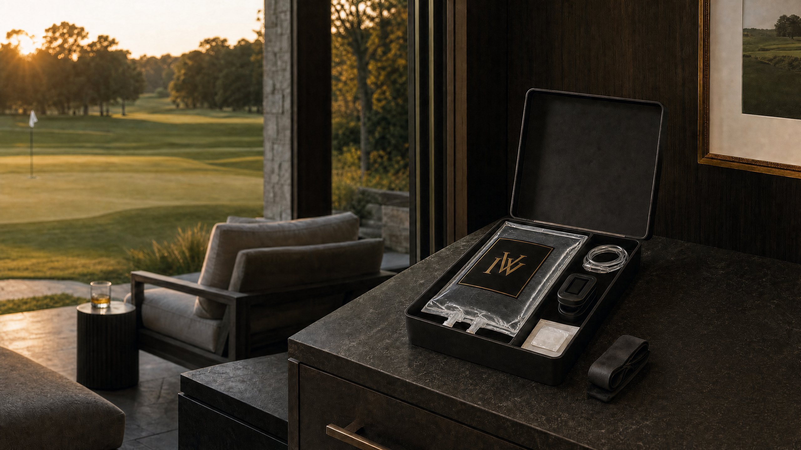 Organized mobile IV kit in a refined golf-club lounge setting