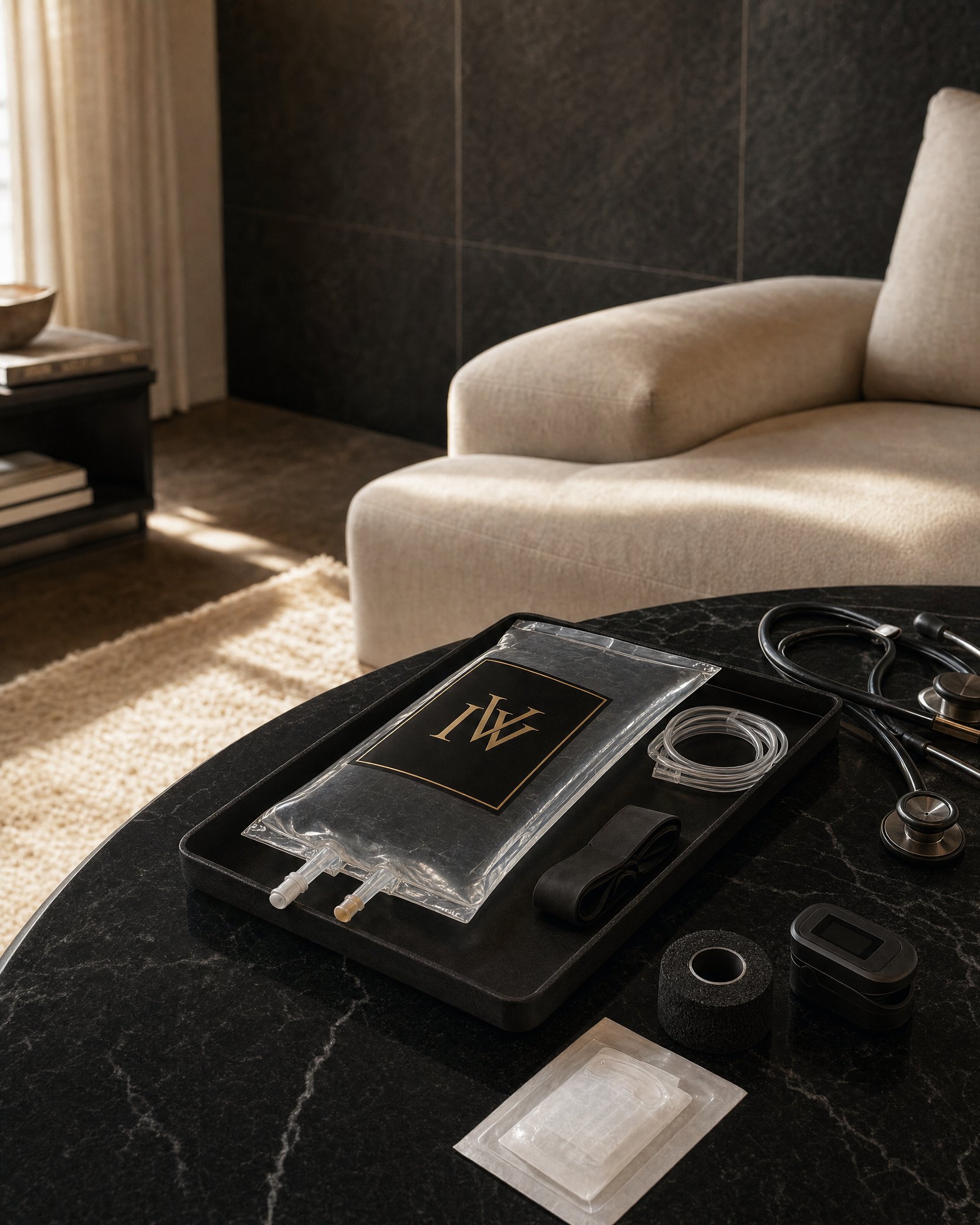 Private mobile IV therapy setup in a refined home setting